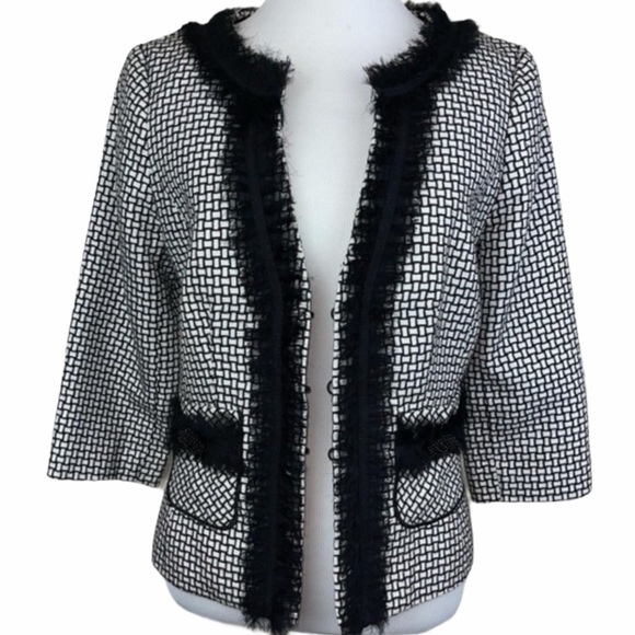 White House Black Market Cropped Tweed Lady Blazer Fringe Jacket 4 - Picture 1 of 15